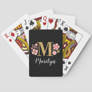 Trendy Black Floral Monogram letter M Playing Cards