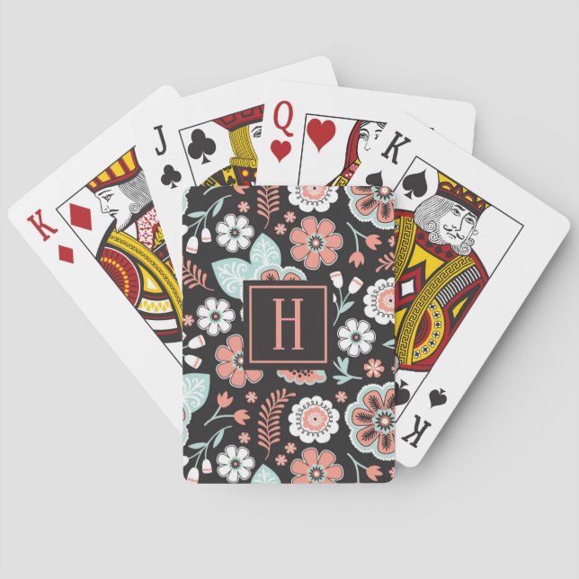 Trendy Black Floral Pattern Monogram Playing Cards (Back)