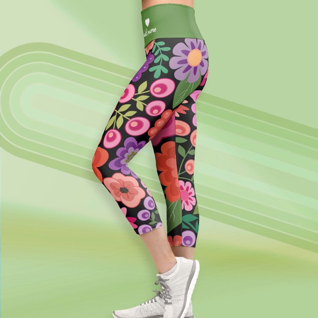 Trendy Black Floral Pattern with Custom Monogram Capri Leggings (Custom Leggings)