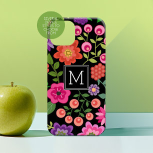 Trendy Black Floral Pattern with Custom Monogram Case-Mate iPhone 14 Case