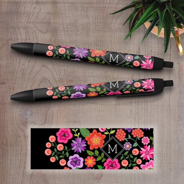 Trendy Black Floral Pattern with Custom Monogram Ink Pen (Personalized Writing Pens - add your name, monogram or other text)