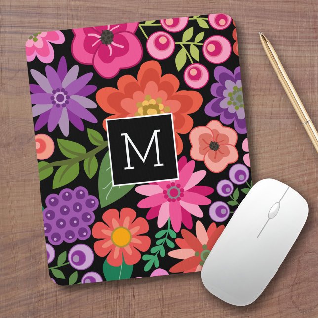 Trendy Black Floral Pattern with Custom Monogram Mouse Pad (Custom Mouse Pad - Add Monogram to this colorful floral design)