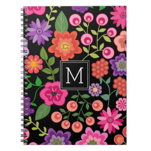 Trendy Black Floral Pattern with Custom Monogram Notebook