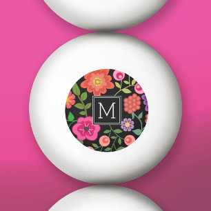 Trendy Black Floral Pattern with Custom Monogram Ping Pong Ball