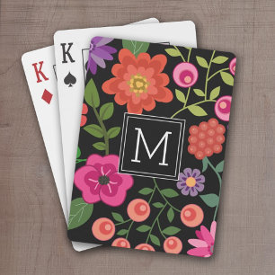 Trendy Black Floral Pattern with Custom Monogram Playing Cards