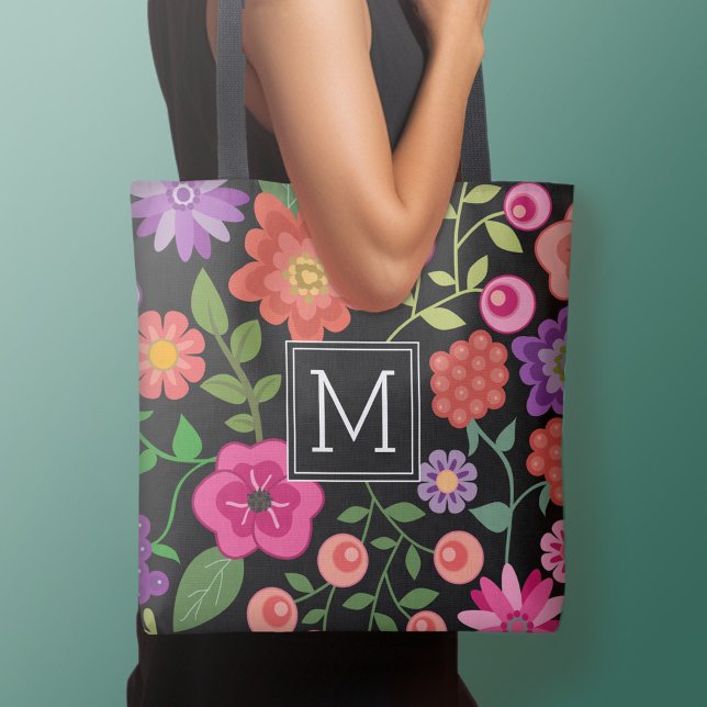Trendy Black Floral Pattern with Custom Monogram Tote Bag (Personalized tote bag - add your name or other text)
