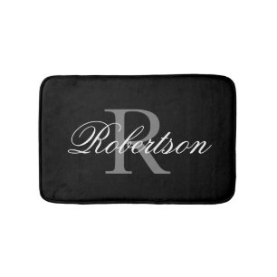 Trendy Black Girly Monogram Name Stylish Bath Mat