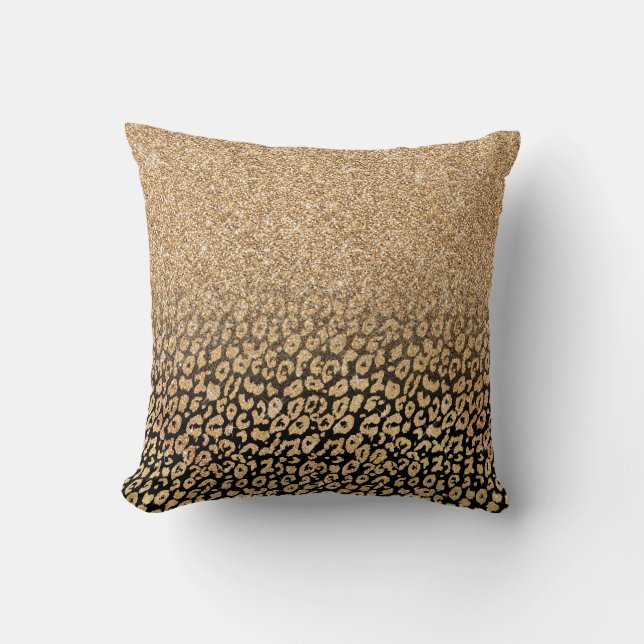 Trendy Black Gold Glitter Leopard Ombre Cushion (Front)