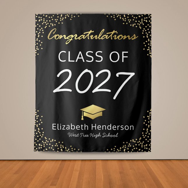 Trendy Black Gold Graduation Party Backdrop Tapestry (Creator Uploaded)