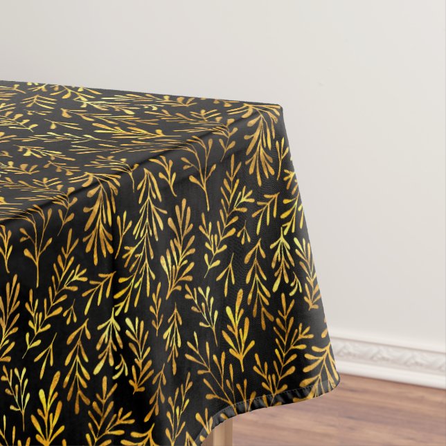 Trendy Black Gold Leaf Fall Autumn Pattern Tablecloth (In Situ)