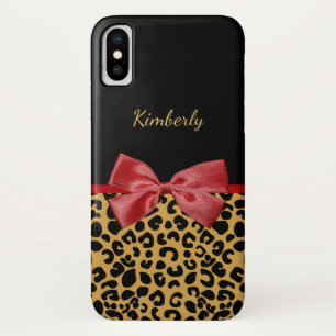 Trendy Black Gold Leopard Print Red Bow and Name iPhone X Case
