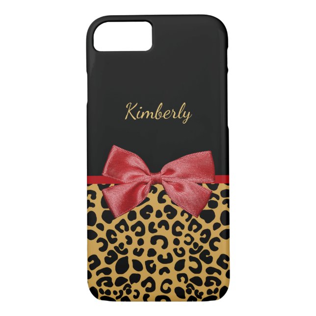 Trendy Black Gold Leopard Print Red Bow and Name Case-Mate iPhone Case (Back)