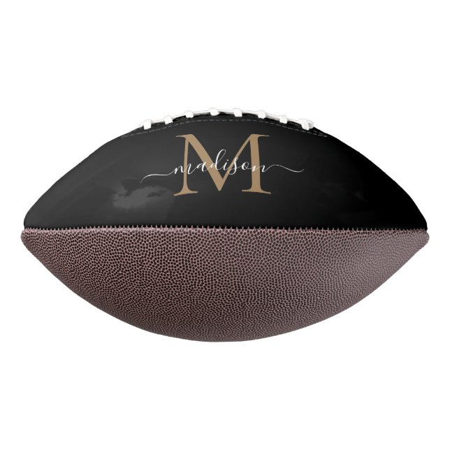 Trendy Black Gold Monogram Girly Feminine Script Football (Rotated 270)