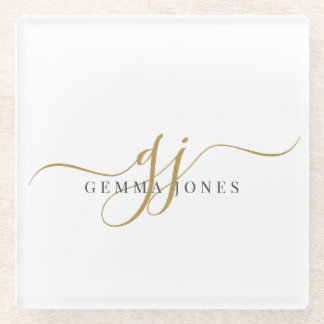 Trendy Black Gold Monogram Initial Script Name Glass Coaster