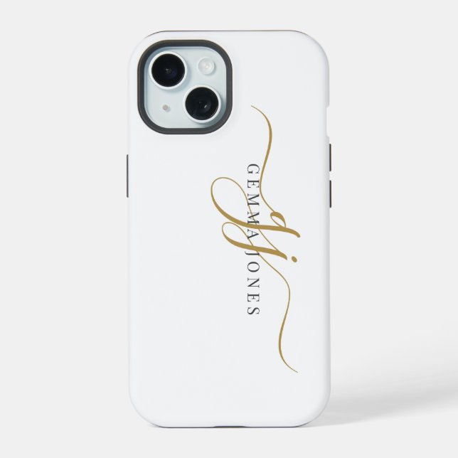 Trendy Black Gold Monogram Initial Script Name iPhone 15 Case (Back)