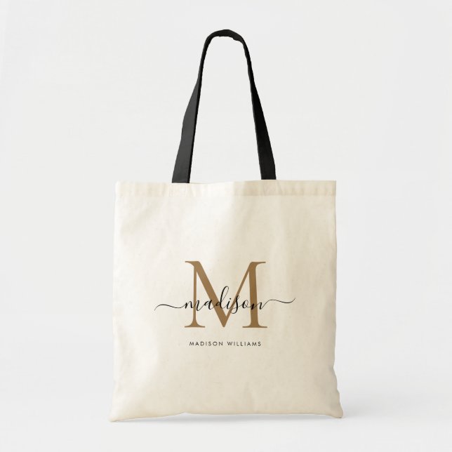 Trendy Black Gold Monogram Initial Script Name Tote Bag (Front)
