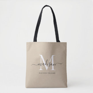 Trendy Black Gold Monogram Initial Script Name Tote Bag