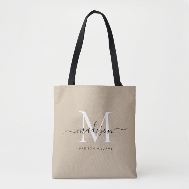 Trendy Black Gold Monogram Initial Script Name Tote Bag (Front)