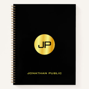 Trendy Black Gold Monogram Name Elegant Modern Notebook