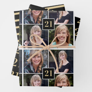 Trendy Black Gold Photo Collage 21st Birthday  Wrapping Paper Sheet