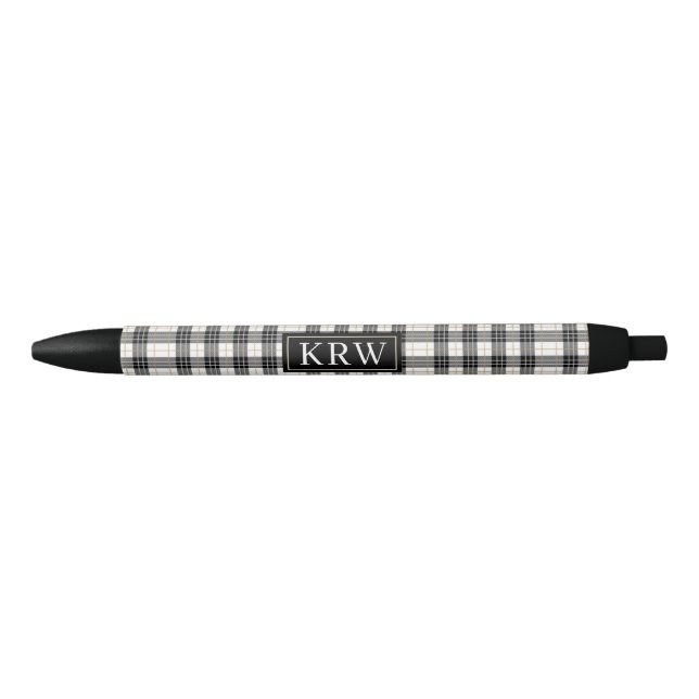 Trendy Black Gold Plaid Print With Chic Monogram  Ink Pen (Front)