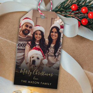 Trendy Black Gold Script Family Photo Christmas  Gift Tags