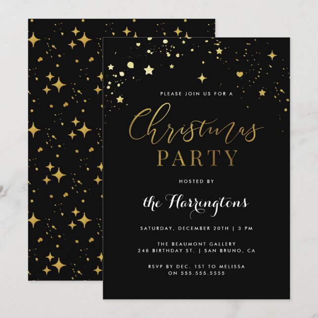Trendy Black & Gold Star Confetti Christmas Party Invitation (Front/Back)