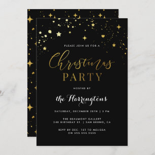 Trendy Black & Gold Star Confetti Christmas Party Invitation