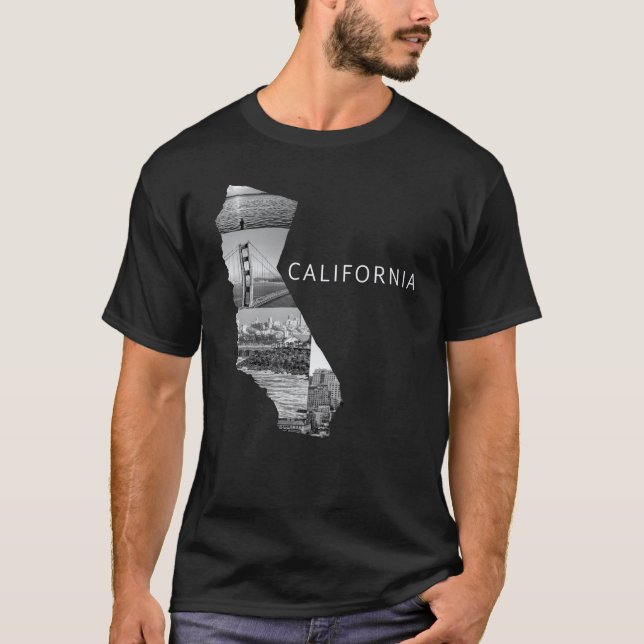 Trendy Black Grey California State Map USA T-Shirt (Front)