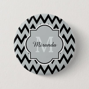 Trendy Black Grey Chevron Zigzag Name and Monogram 6 Cm Round Badge