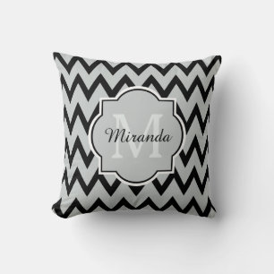 Trendy Black Grey Chevron Zigzag Name and Monogram Cushion