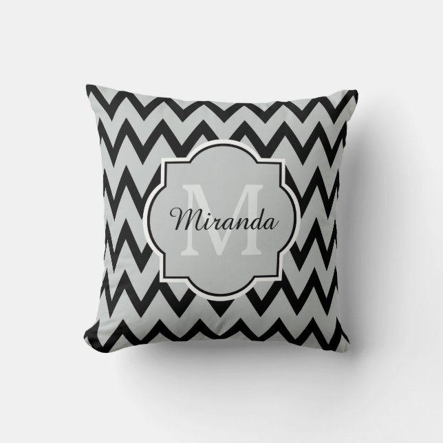 Trendy Black Grey Chevron Zigzag Name and Monogram Cushion (Front)