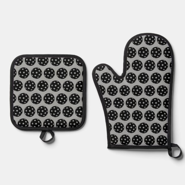 Trendy Black Grey Pickleballs  Oven Mitt & Pot Holder Set (Front)
