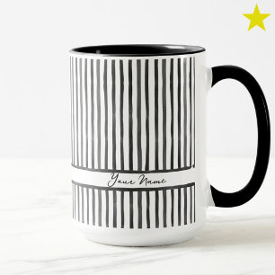 Trendy Black Grey Watercolor Stripes Custom Name Mug