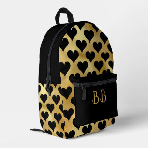 Trendy Black Hearts on Gold with Custom Initials Printed Backpack