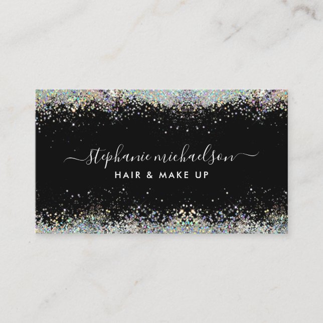 Trendy Black Holographic Glitter Hair Makeup Salon Business Card (Front)