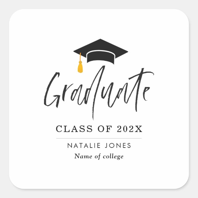 Trendy black lettering graduation  square sticker (Front)