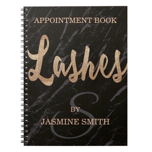 Trendy Black Marble Lashes Champagne Glitter Notebook (Front)