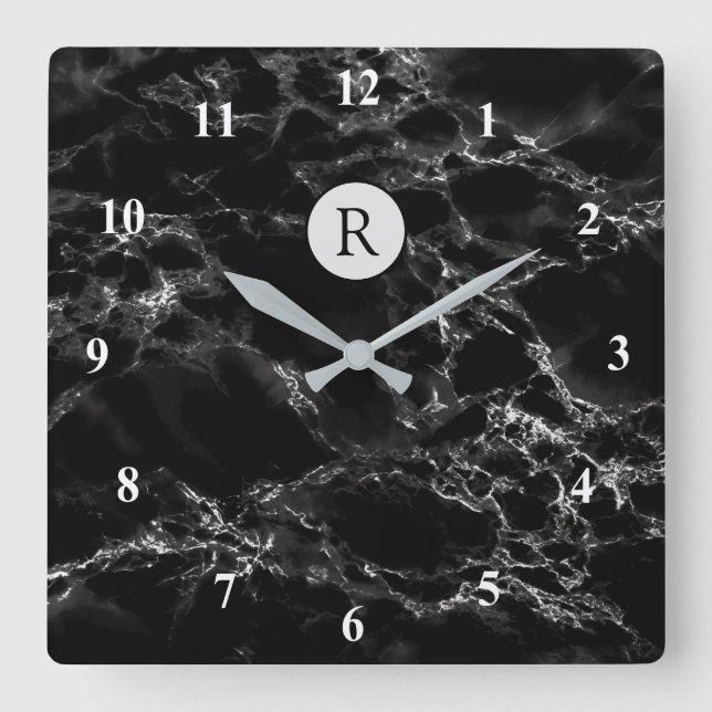 Trendy Black Marble Stone - Add Letter /Logo /More Square Wall Clock (Front)