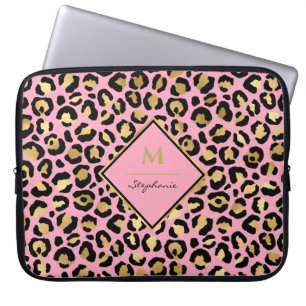 Trendy Black Pink and Gold Leopard Print  Monogram Laptop Sleeve