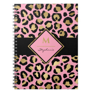 Trendy Black Pink and Gold Leopard Print  Monogram Notebook