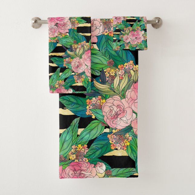Trendy Black Pink flowers Gold Stripes Botanical Bath Towel Set (Insitu)