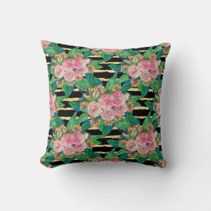 Trendy Black Pink flowers Gold Stripes Botanical Cushion