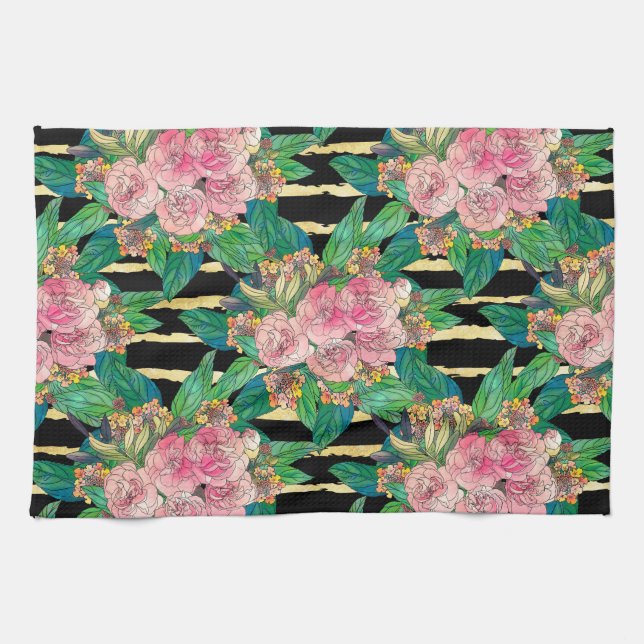 Trendy Black Pink flowers Gold Stripes Botanical Tea Towel (Horizontal)