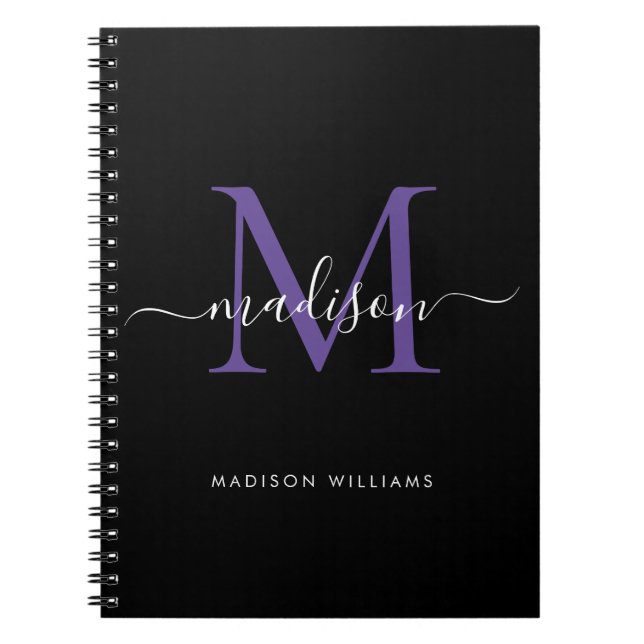 Trendy Black Purple Violet Monogram Script Name Notebook (Front)