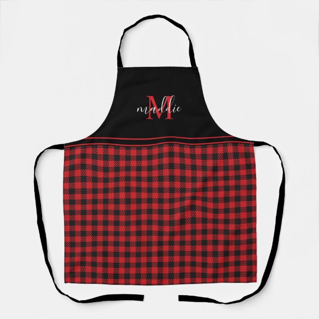 Trendy Black & Red Buffalo Plaid Monogrammed Apron (Front)