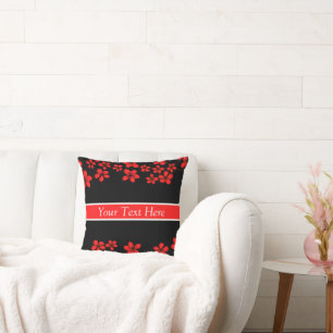Trendy Black & Red Floral Your text here Cushion
