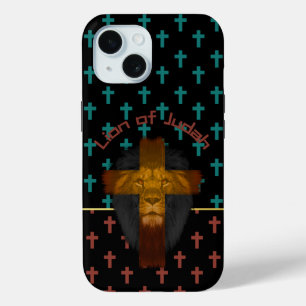 Trendy Black Red Turquoise Crosses Lion of Judah iPhone 15 Case