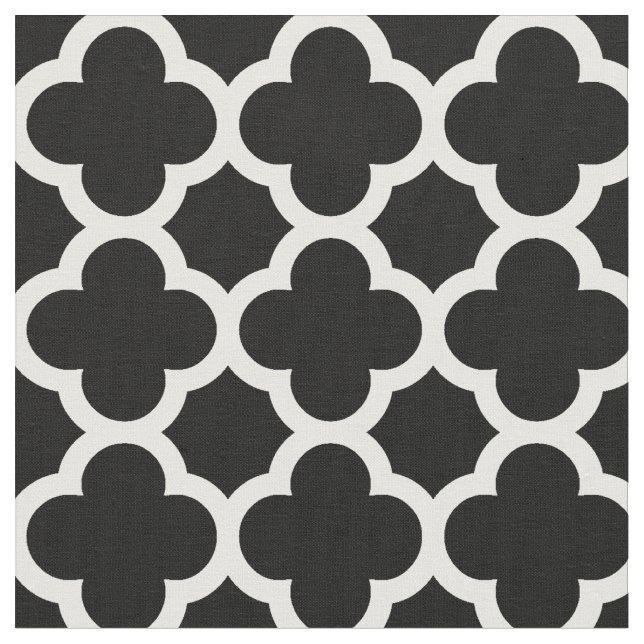 Trendy Black Retro Chic Quatrefoil Trellis Pattern Fabric (Close Up)