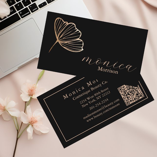 Trendy Black & Rose Gold Hairstylist QR Code Business Card (Creator Uploaded)